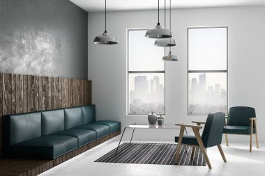 Zümrüt deri mobilya, büyük pencereler ve şehir manzaralı modern ferah Minimalist çatı tarzı oturma odası. 3D render