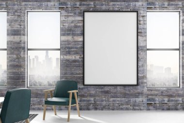 vintage zümrüt deri mobilya ve şehir manzaralı modern loft tarzı oturma odasında gri duvar üzerine boş poster. 3D render