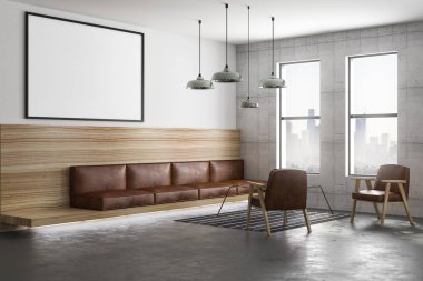 kahverengi deri mobilya, büyük pencereler ve şehir manzaralı modern ferah çatı tarzı oturma odasında ışık duvar üzerine boş poster. 3D render