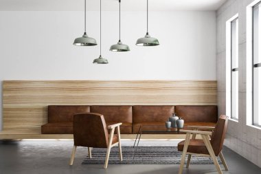 kahverengi deri mobilya, büyük pencereler, gri duvar ve şehir manzaralı modern ferah çatı tarzı oturma odası. 3D render