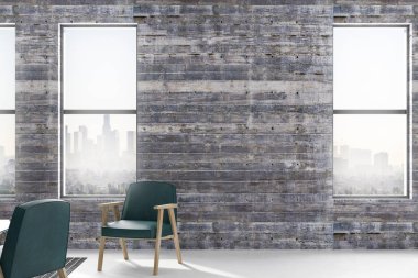 minimalist loft tarzı oturma odası büyük windows klasik ahşap duvar ve şehir manzaralı. 3D render