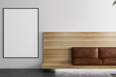 vintage kahverengi deri mobilya loft tarzı oda beton zemin ile soldaki hafif duvarda büyük boş ana başlık. 3D render