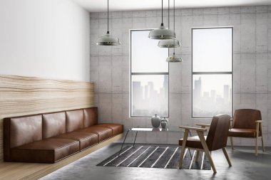 kahverengi deri mobilya, büyük pencereler ve şehir manzaralı modern ferah Minimalist çatı tarzı oturma odası. 3D render
