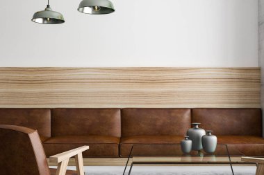 Önden görünüm üzerinde kahverengi deri koltuk modern çatı odasında ahşap çerçeve ile. 3D render