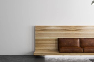 kahverengi deri koltuk modern loft Oda karanlık duvar ve ışık kat ahşap çerçeve ile bir parçası. 3D render