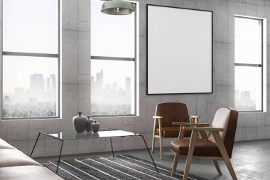 kahverengi deri mobilya ve şehir manzaralı modern loft tarzı oturma odasında beton duvar üzerine boş poster. 3D render