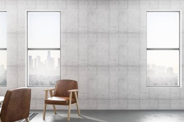 minimalist loft tarzı oturma odası büyük pencerelerden beton duvar ve şehir manzaralı. 3D render