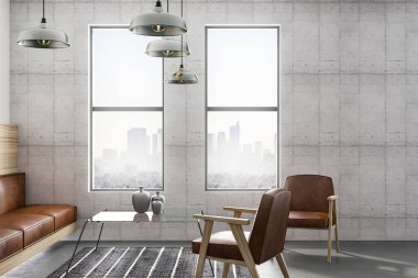 kahverengi deri mobilya minimalist loft tarzı oturma odasında büyük pencerelerden beton duvar ve şehir manzaralı. 3D render
