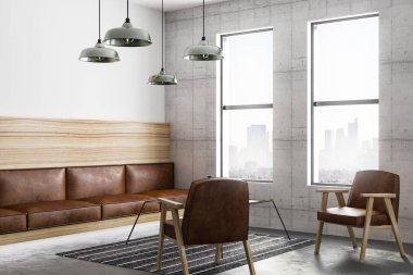Modern loft tarzı oturma odası vintage tarzı kahverengi deri mobilya ve şehir manzaralı. 3D render