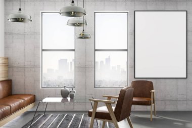 kahverengi deri mobilya ve şehir manzaralı modern loft tarzı oda içinde beton duvar üzerine boş poster. 3D render