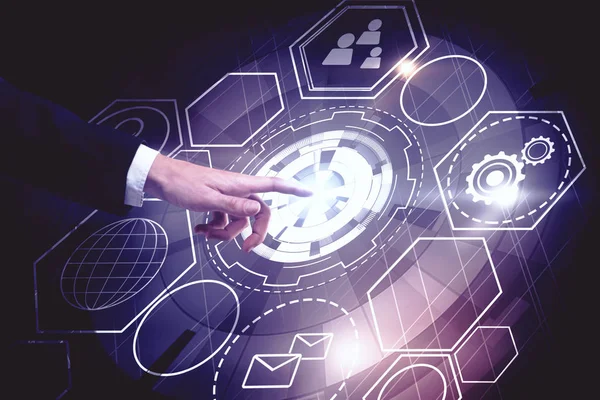 sanal dijital cyber düğmeye simgeler arayüzü ile işadamı ile internet ve iletişim teknoloji kavramı