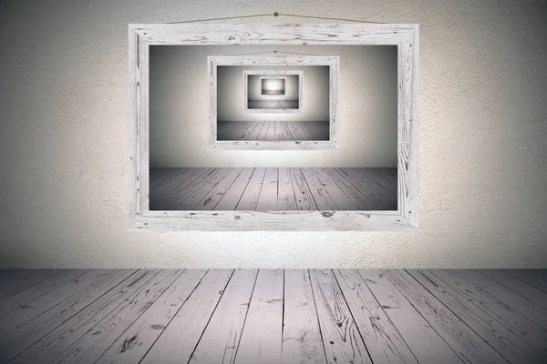 Surrealistyczna Złudzenie Optyczne Drewniana Ramka Betonowe Ściany Pokojach Drewnianą Podłogą — Zdjęcie stockowe