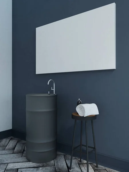 黒バレル シンク お風呂スタッフと暗い Wall のレンダリングで大きな空光ポスター スツール付きモダンな浴室の側面図 — ストック写真