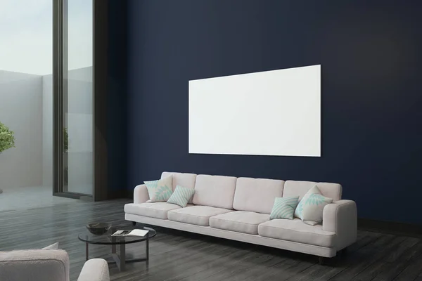 big blank white poster on navy wall in modern living room with light furniture, big window and glass coffee table. 3D rendering