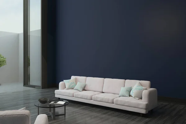 modern design of living room with light furniture, empty navy wall, wooden floor and big window. 3D rendering