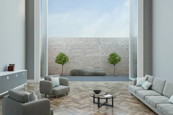 Önden görünüm parke ve gri mobilya ile modern ışık oturma odasından ahşap kavram bankta. 3D render