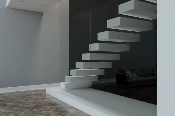 Side View White Stairs Leading Second Floor Glass Wall Modern — Stock Photo, Image