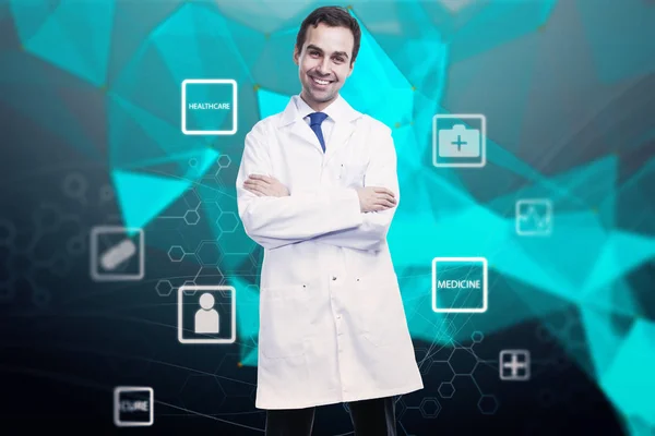 医者および医学の兆候とデジタルの青い背景を笑顔でオンライン医学概念 のレンダリング — ストック写真