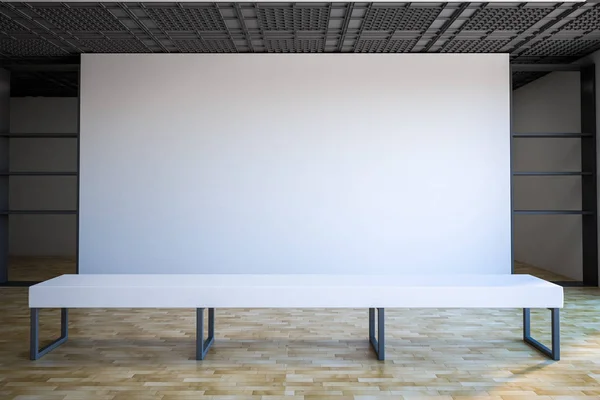 Loft Style Empty Exhibition White Blank Banner Gallery White Bench — Stock Photo, Image