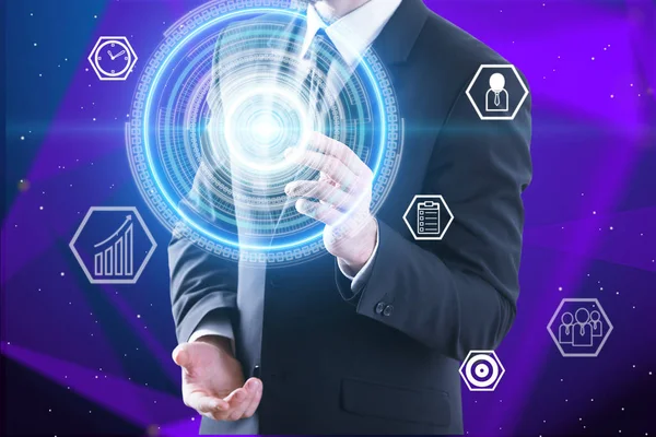 Businessman Touching Digital Cyber Button Screen Icons Abstract Technology Background — Stock Photo, Image
