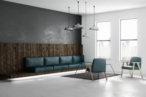 Modern Spacious Loft Style Living Room Emerald Leather Furniture Big — Stock Photo, Image
