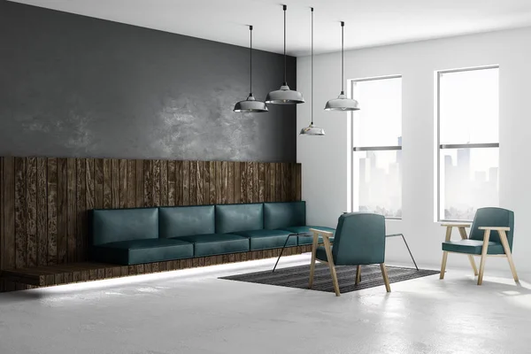 Moderní Prostorný Loft Stylu Obývací Pokoj Emerald Koženým Nábytkem Velkými — Stock fotografie