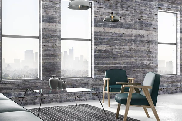 Zümrüt deri koltukları minimalist loft tarzı oturma odası ahşap duvar ve şehir içinde büyük pencerelerden görüntüleyin. 3D render