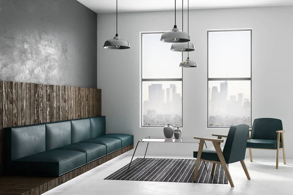 modern spacious minimalistic loft style living room with emerald leather furniture, big windows and city view. 3D rendering