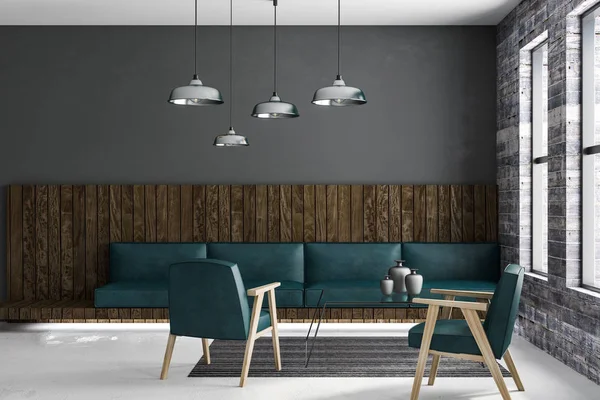 Zümrüt deri mobilya, büyük pencereler, gri tuğla duvar ve şehir görünümü ile modern ferah çatı tarzı oturma odası. 3D render