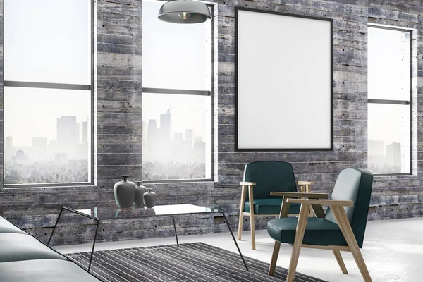 Zümrüt deri mobilya ve şehir manzaralı modern loft tarzı oturma odasında ahşap duvar üzerine boş poster. 3D render