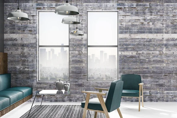 Grüne Ledermöbel Minimalistischen Loft Stil Wohnzimmer Mit Vintage Holzwand Und — Stockfoto