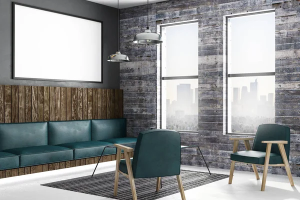 vintage zümrüt deri mobilya ve şehir manzaralı modern loft tarzı oturma odasında karanlık duvar üzerine boş poster. 3D render