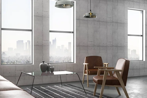 Zümrüt deri koltukları minimalist loft tarzı oturma odasında beton ve şehir ile büyük pencereler görüntüleyin. 3D render