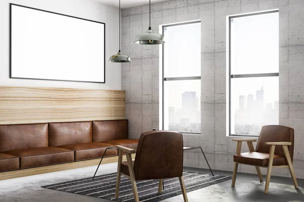 vintage tarzı deri mobilya ve şehir manzaralı modern loft tarzı oturma odasında karanlık duvar üzerine boş poster. 3D render
