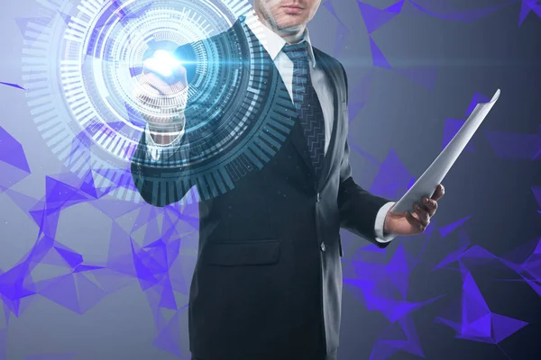 işadamı ile soyut cyber sistem illüstrasyon soyut teknolojik altyapı, dijital ekranda duyusal düğmeye sol elinde belgelerle