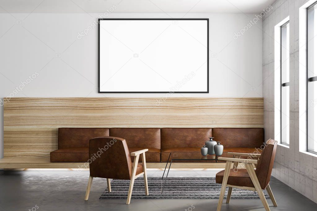 front view on blank poster on light wall in modern loft style living room with vintage brown leather sofa with wooden framework and city view. 3D rendering