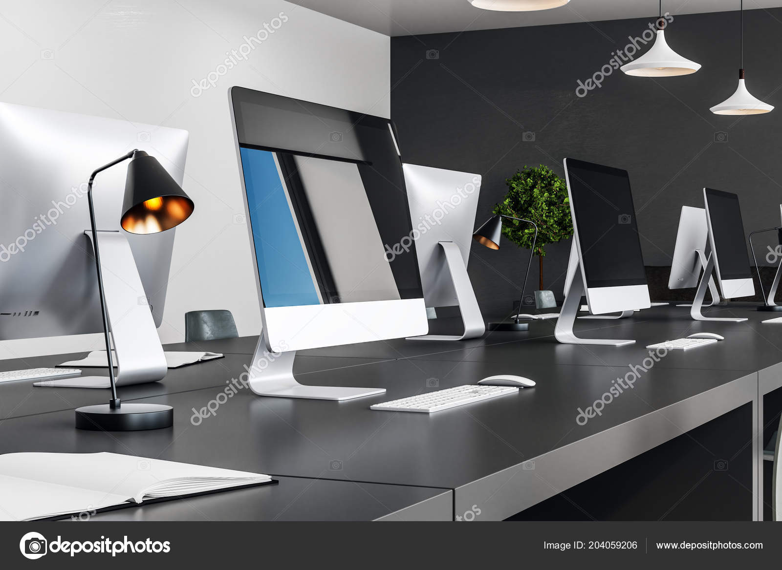 Modern Open Space Worktop Computer Keyboard Lamp Black Table Rendering