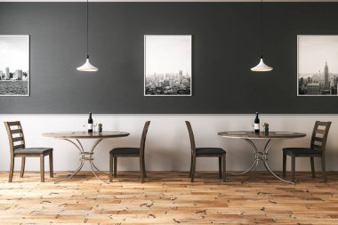 Önden görünüm hipster kafeterya salonu ile üzerinde yuvarlak ahşap masa, sandalyeler, ahşap zemin ve tek renkli duvar resimleri ile. 3D render