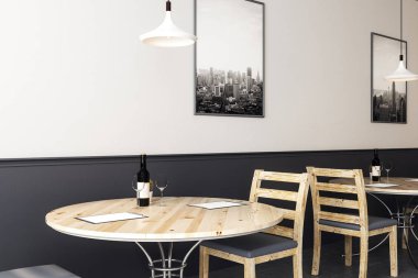 yan görünümü üzerinde yuvarlak ahşap kafe tablolar tek renkli duvar resimleri ile sandalyeler ile. 3D render