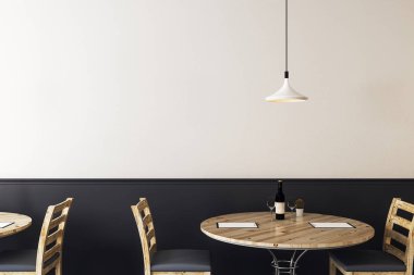 mockup beyaz duvar şişe şarapla yuvarlak ahşap masa ile modern hipster kafede. 3D render