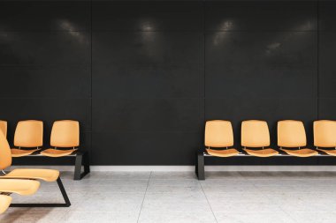 Modern bekleyen bir bölge siyah duvarlar, beton zemin ve portakal sandalye bir satır. 3D renderin