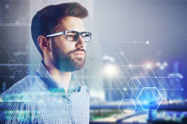 hipster gözlük ve gece şehir arka plan ve soyut teknoloji illüstrasyon, kareli gömlek ile çift pozlama