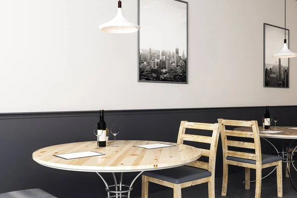 Zijaanzicht Ronde Houten Cafe Tafels Met Stoelen Monochrome Muur Met — Stockfoto