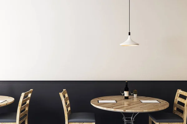 ワインのボトルと丸い木製のテーブルとモダンな流行に敏感なカフェでモックアップの白い壁 レンダリング — ストック写真