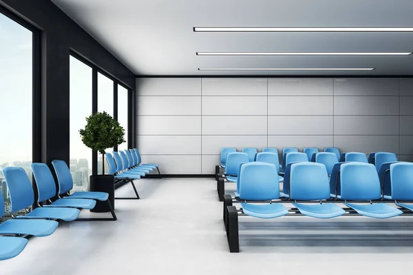 Empty Waiting Hall Area Blue Alignment Chairs Light Floor City — Stock Photo, Image