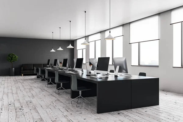 Side View Modern Open Space Monochrome Office Computers Dark Walls — Stock Photo, Image