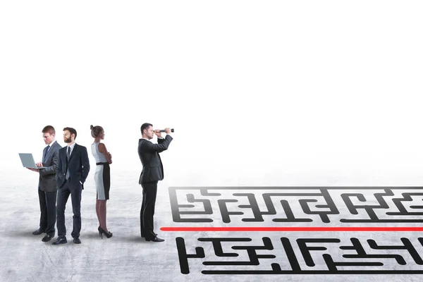 Choose Right Way Businessman Looking Telescope Red Line Labyrinth — Stock Photo, Image