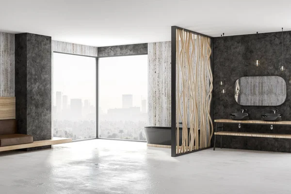 Design Moderno Banheiro Com Banheira Preta Piso Concreto Paredes Pedra — Fotografia de Stock