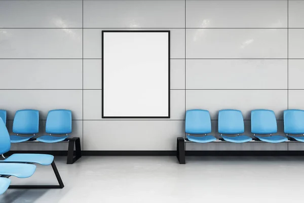 Mockup white poster on the wall in modern waiting hall with blue alignment chairs. 3d rendering — Stock Image Mockup White Poster Wall Modern Waiting Hall Blue Alignment Chairs Stock Picture