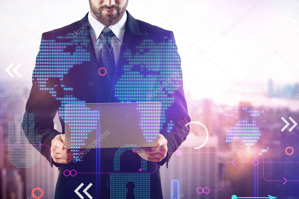 double exposure with businessman with laptop at blured city background and abstract digital technology world map illustration